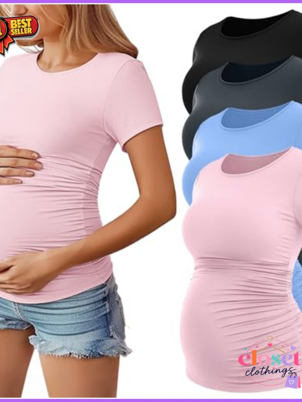 4 Pack Short Sleeve Maternity Tops Side Ruched Crew Neck Cotton Blend Summer